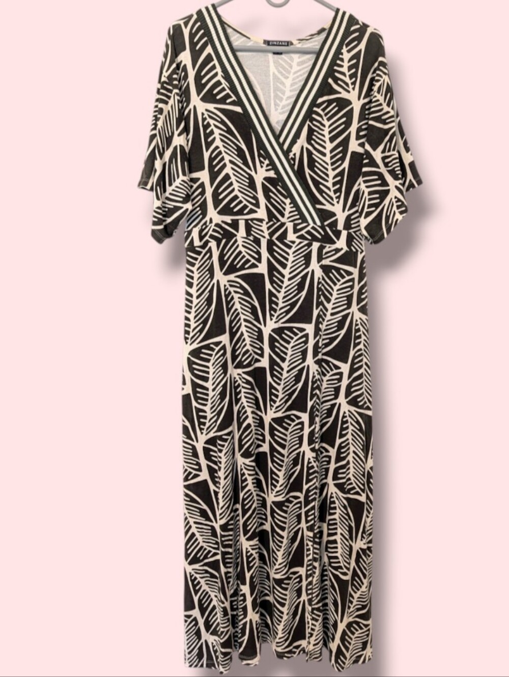 Zinzane Olive Leaf Print Short Sleeve V-Neck Flowy Knit Maxi Dress Bohemian XL
